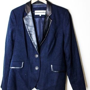 Navy Blue Foxcroft Blazer w/ Faux Leather Collar